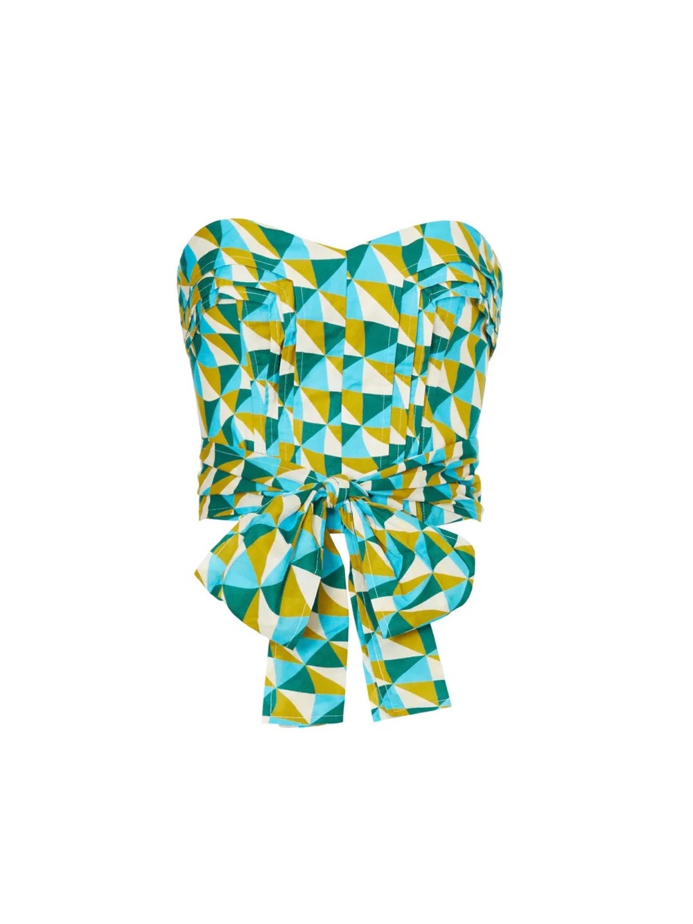 Marissa Webb Teal and Yellow Geometric Strapless Crop Top with Bow